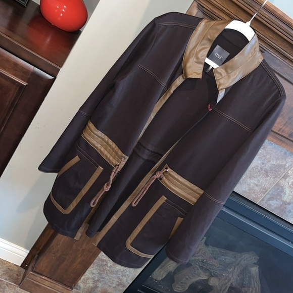 Dark brown stretchy open tan faux leather trim Lysse Margaret Parka jacket M - Picture 1 of 13